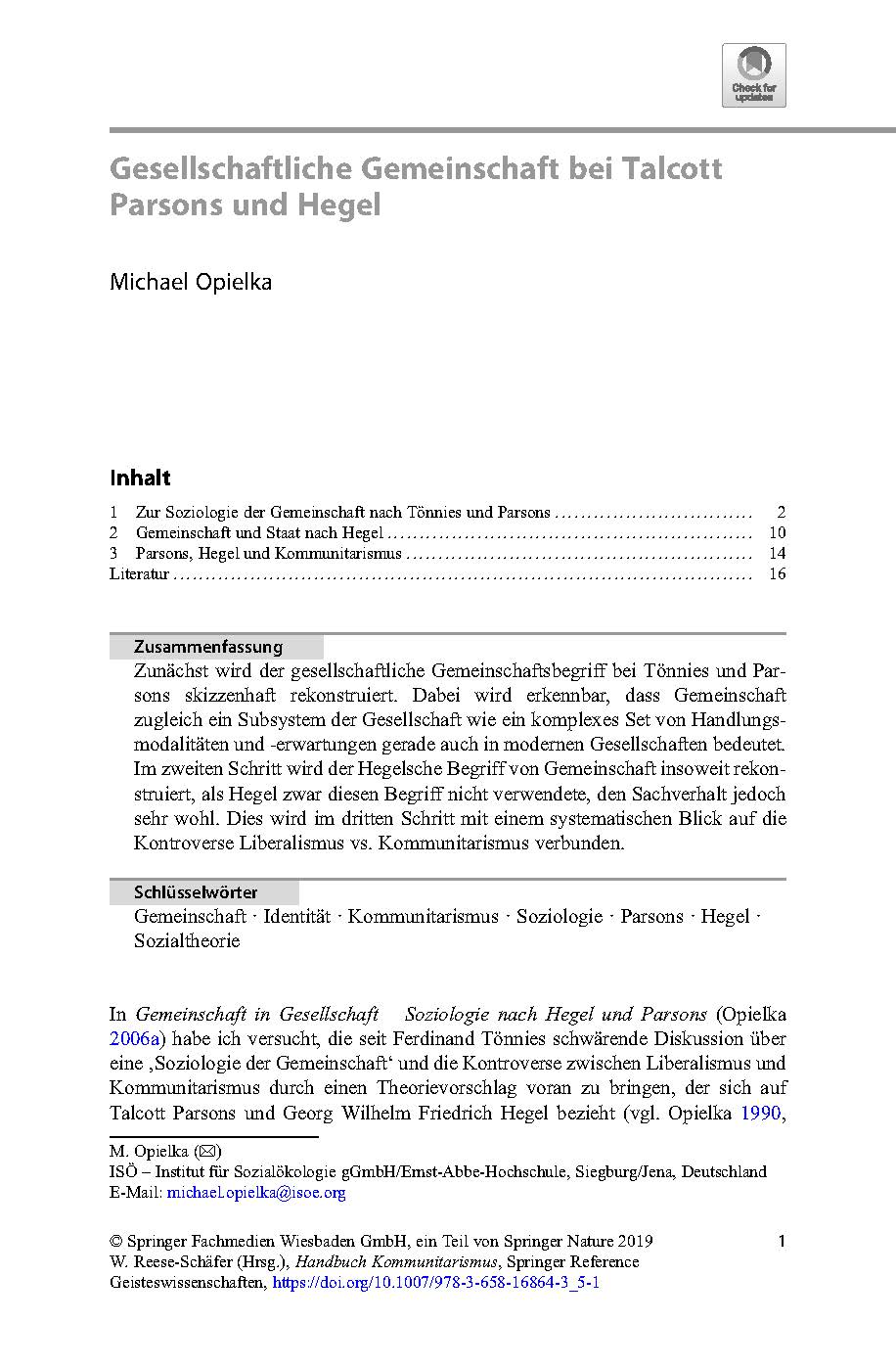 Michael Opielka, Gesellschaftliche Gemeinschaft bei Talcott Parsons und Hegel (2019) 