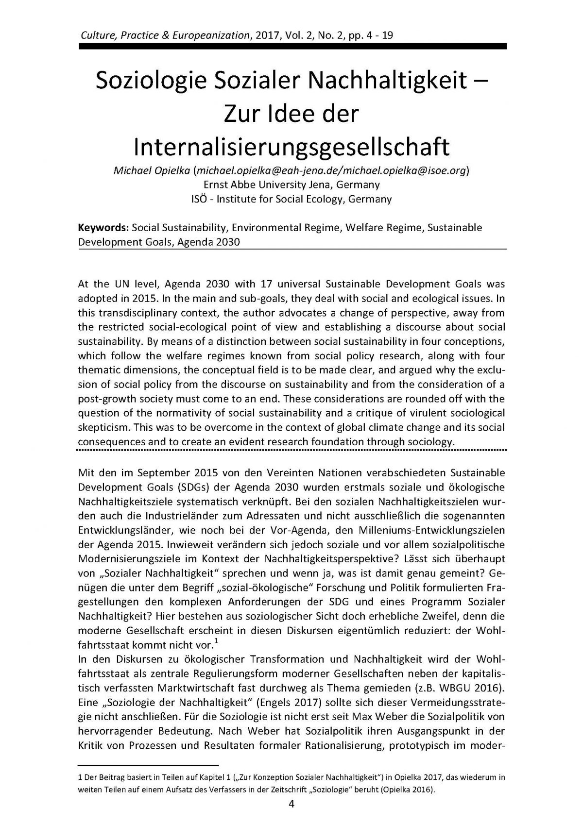 Michael Opielka, Soziologie Sozialer Nachhaltigkeit – Zur Idee der Internalisierungsgesellschaft (2017) 