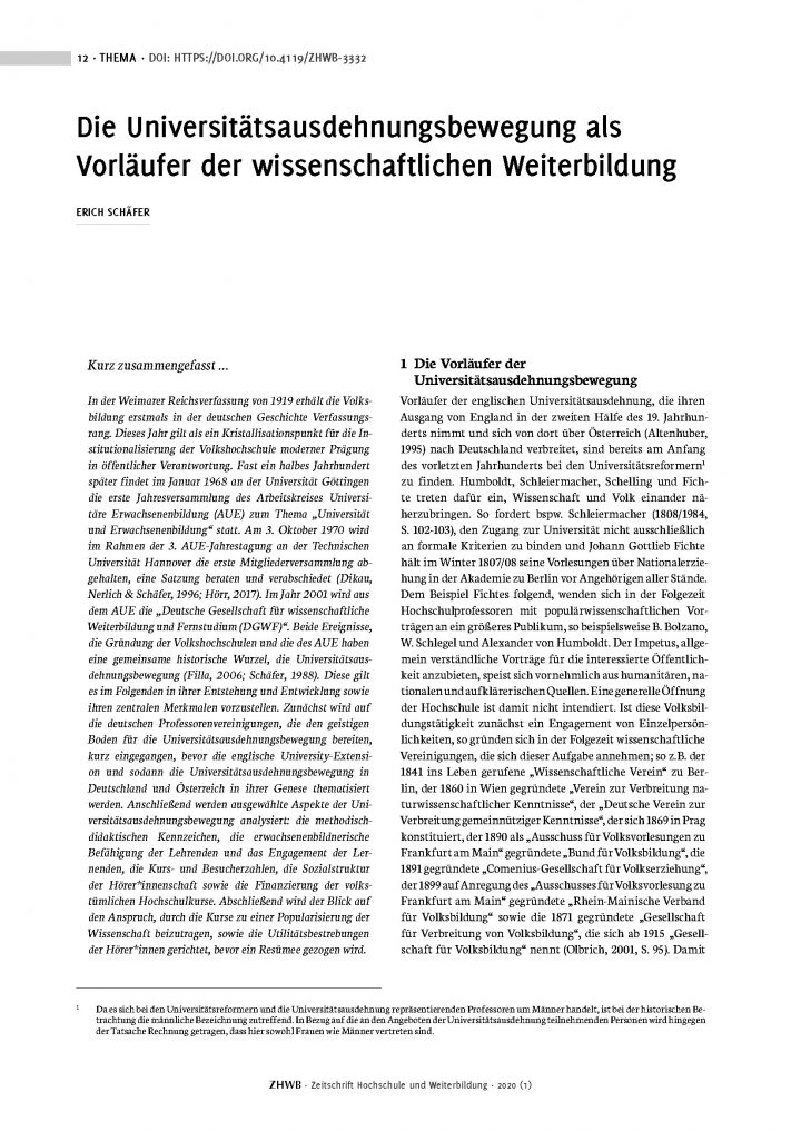 Erich Schäfer, Die Universitätsausdehnungsbewegung als Vorläufer der wissenschaftlichen Weiterbildung (2020) 