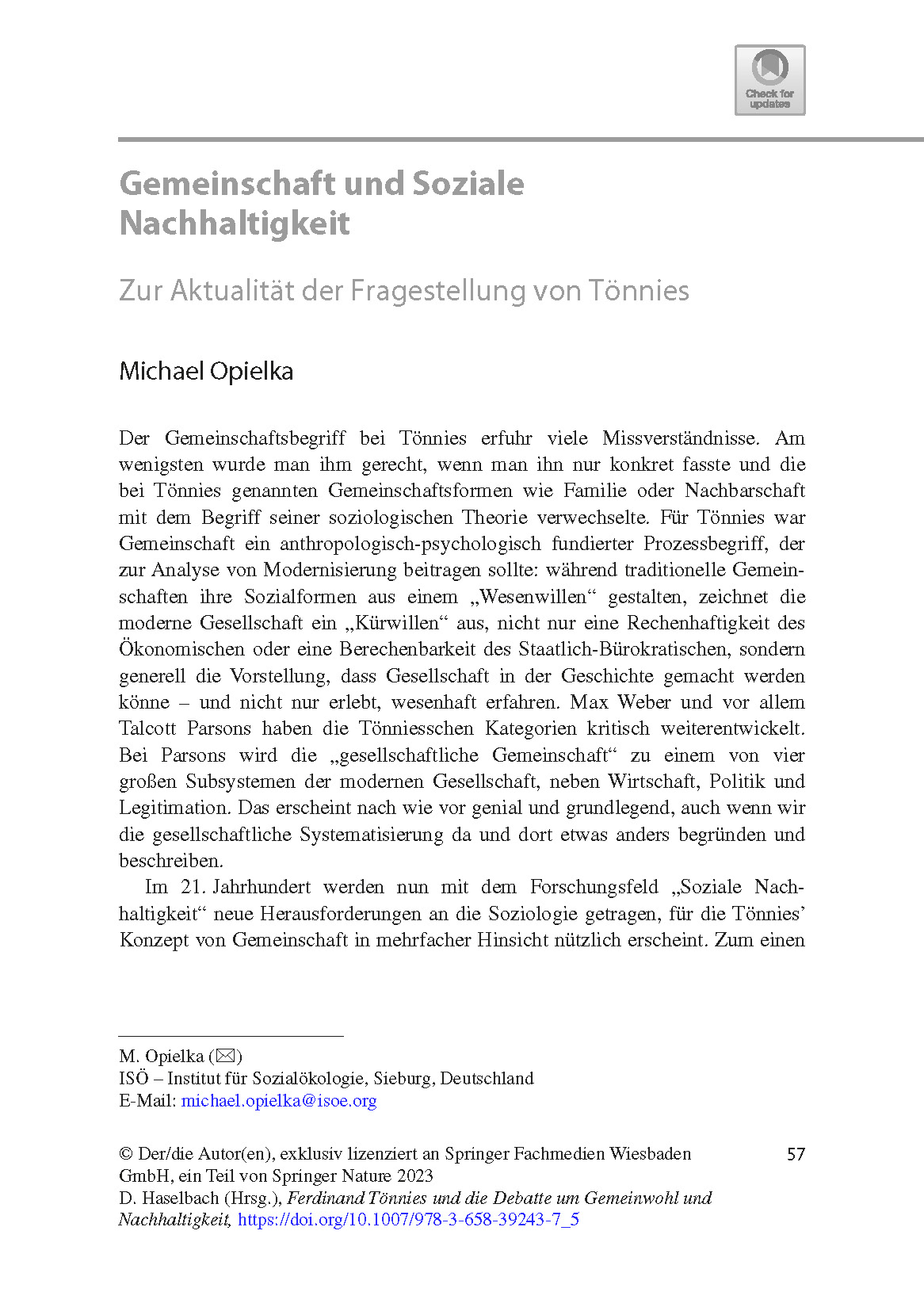 Michael Opielka, Gemeinschaft und Soziale Nachhaltigkeit (2023) 