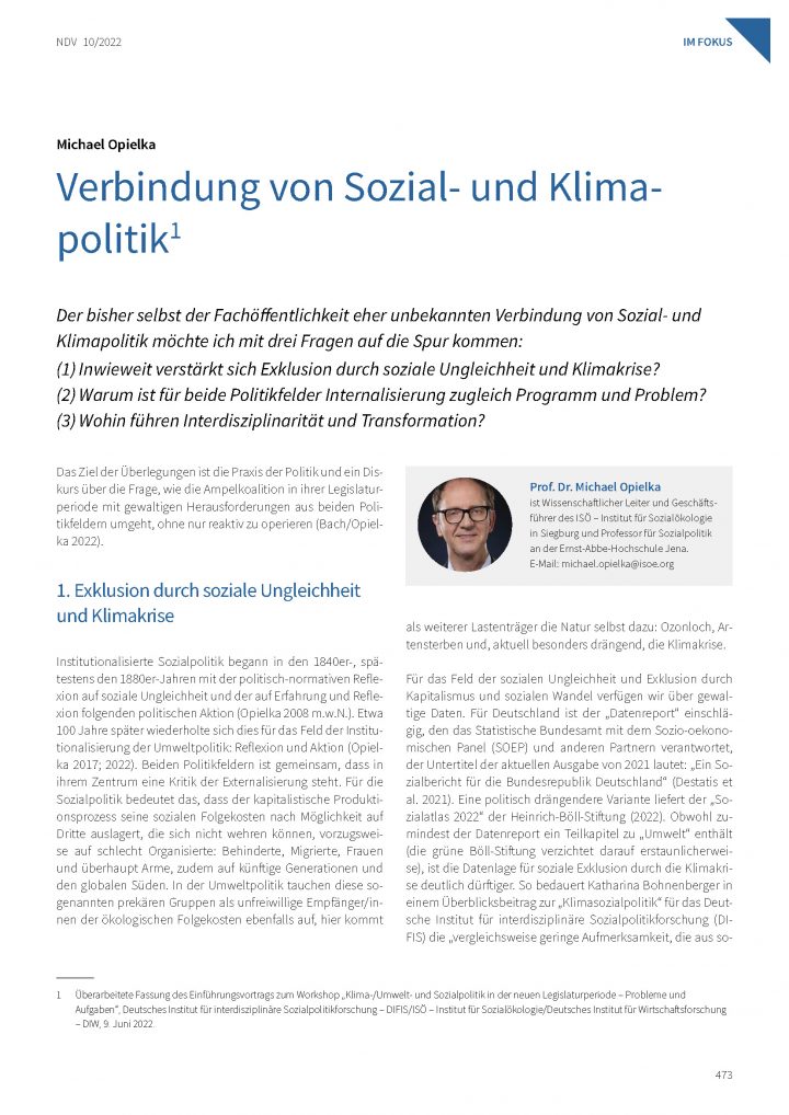 Michael Opielka, Verbindung von Sozial- und Klimapolitik (2022) 