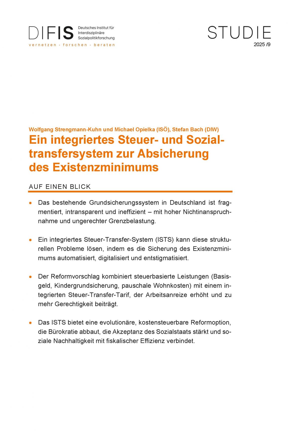 DIFIS-Studie von ISÖ und DIW erschienen: Ein integriertes Steuer- und Sozialtransfersystem zur Absicherung des Existenzminimums 