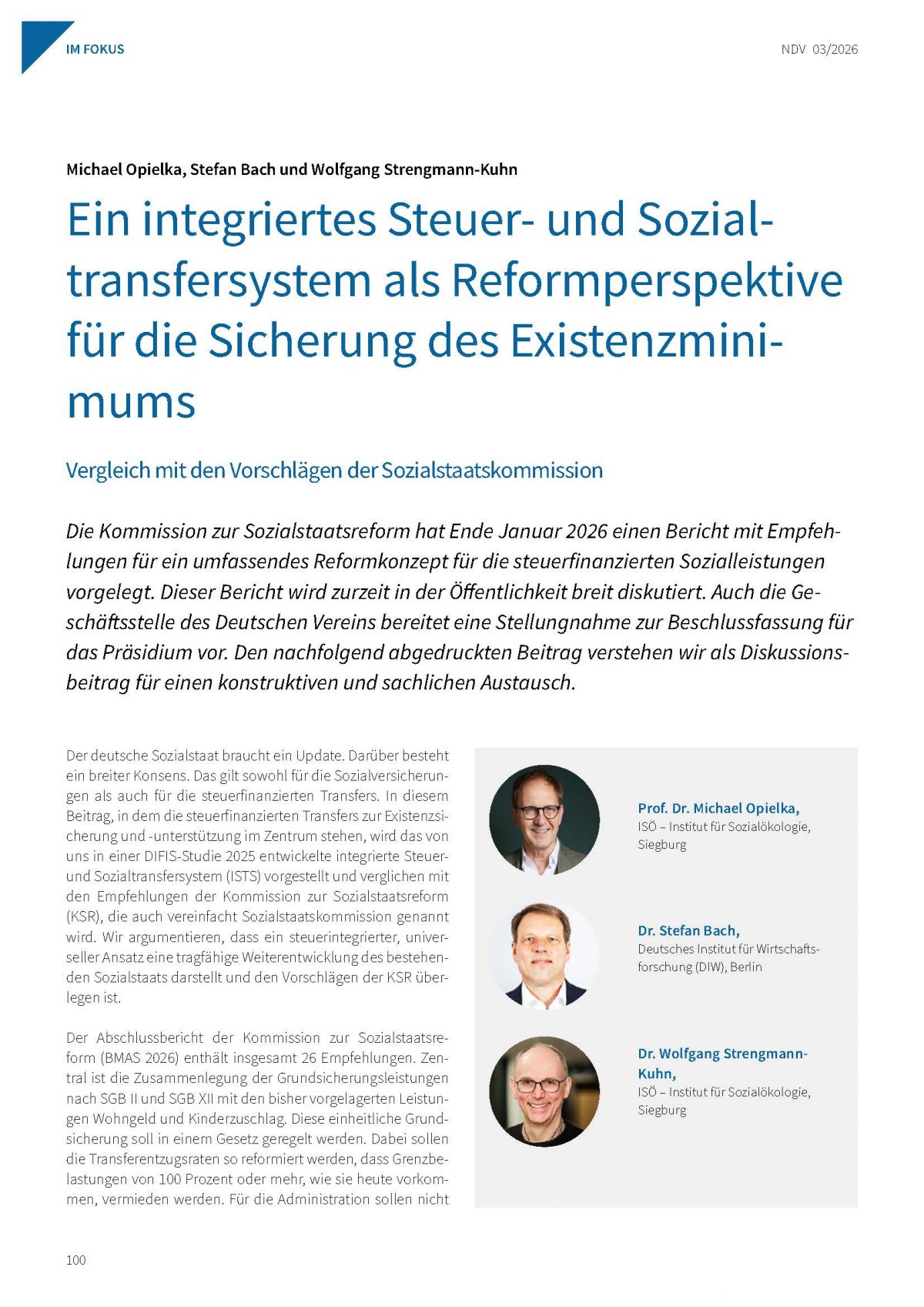 Michael Opielka, Stefan Bach, Wolfgang Strengmann-Kuhn, Ein integriertes Steuer- und Sozialtransfersystem als Reformperspektive für die Sicherung des Existenzminimums (2026) 
