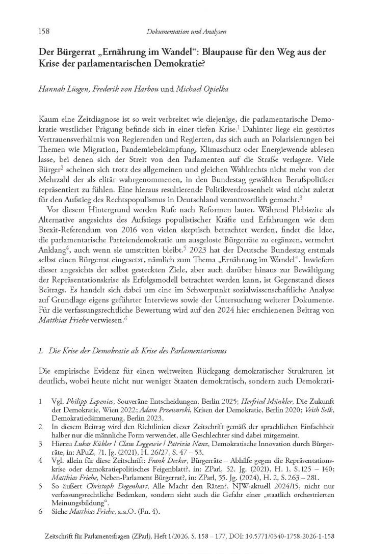 Hannah Lüsgen/Frederik von Harbou/Michael Opielka, Der Bürgerrat „Ernährung im Wandel“: Blaupause für den Weg aus der Krise der parlamentarischen Demokratie? (2026) 