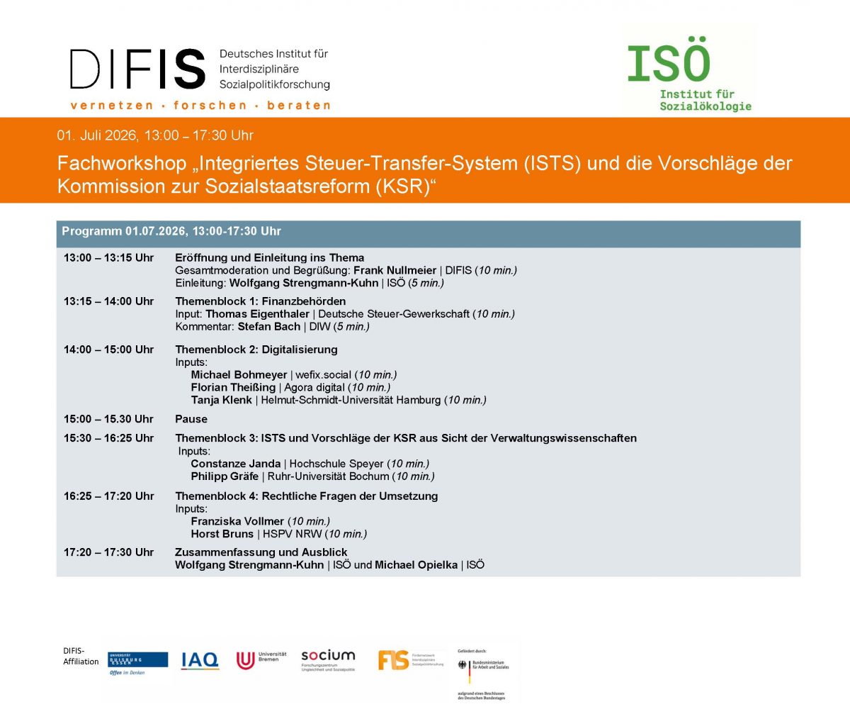 Fachworkshops „Integriertes Steuer-Transfer-System (ISTS) und die Vorschläge der Kommission zur Sozialstaatsreform (KSR)“ 